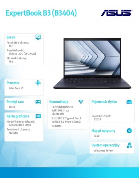 Notebook ExpertBook B3 B3404CVF-Q50005X - i7-1355U/16GB/512GB/RTX 2050/14 WUXGA/Win 11 PRO/3YRS Notebook ExpertBook B3 B3404CVF-Q50005X - i7-1355U/16GB/512GB/RTX 2050/14 WUXGA/Win 11 PRO/3YRS