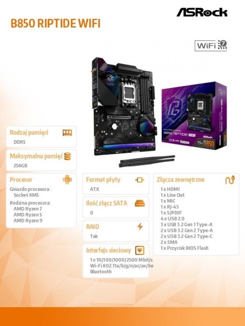 Płyta główna B850 Phantom Gaming Riptide WiFi AM5 4DDR5 ATX Płyta główna B850 Phantom Gaming Riptide WiFi AM5 4DDR5 ATX