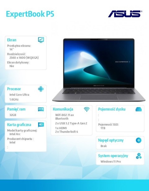 Notebook P5405CSA-NZ0407X ultra 5 228V 14 cali/32GB/1TB/ Win 11 PRO/3YRS Notebook P5405CSA-NZ0407X ultra 5 228V 14 cali/32GB/1TB/ Win 11 PRO/3YRS