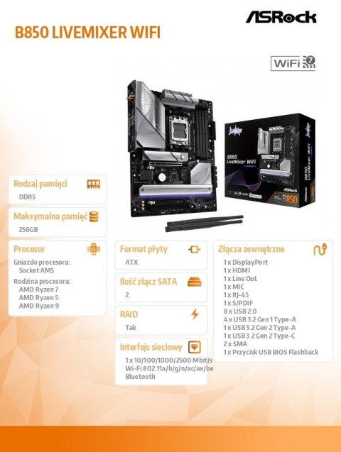 Płyta główna B850 LIVEMIXER WIFI AM5 4DDR5 USB3.2 ATX Płyta główna B850 LIVEMIXER WIFI AM5 4DDR5 USB3.2 ATX
