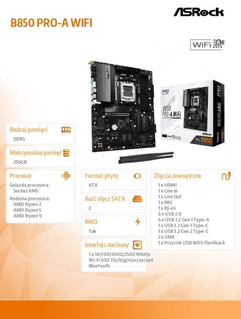 Płyta główna B850 PRO-A WIFI AM5 4DDR5 ATX Płyta główna B850 PRO-A WIFI AM5 4DDR5 ATX