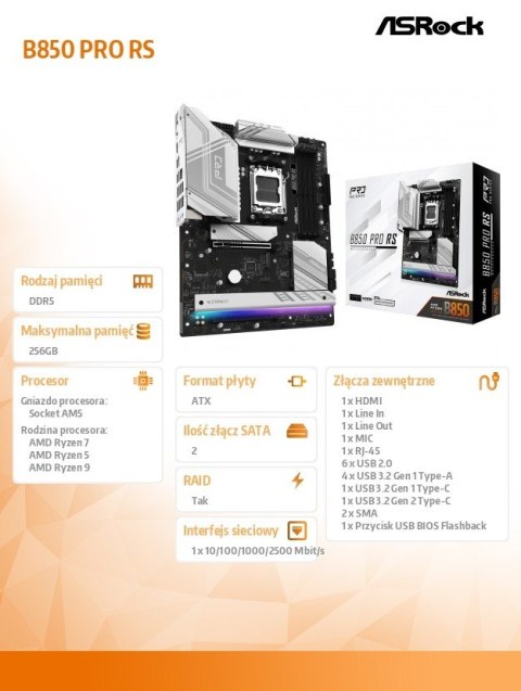 Płyta główna B850 PRO RS AM5 4DDR5 ATX Płyta główna B850 PRO RS AM5 4DDR5 ATX