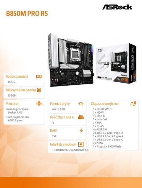 Płyta główna B850M PRO RS AM5 4DDR5 mATX Płyta główna B850M PRO RS AM5 4DDR5 mATX