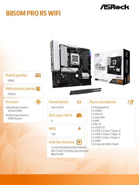 Płyta główna B850M PRO RS WIFI AM5 4DDR5 mATX Płyta główna B850M PRO RS WIFI AM5 4DDR5 mATX
